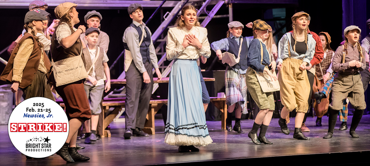 Senior Cast of Newsies Jr. Katherine with the Newsies